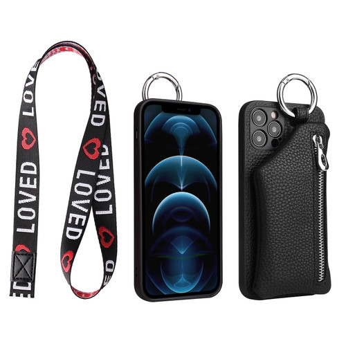 iPhone 14 Plus Detachable Zippered Coin Purse Phone Case with Lanyard - Black