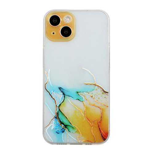 iPhone 14 Plus Hollow Marble Pattern TPU Straight Edge Fine Hole Protective Case - Yellow Blue