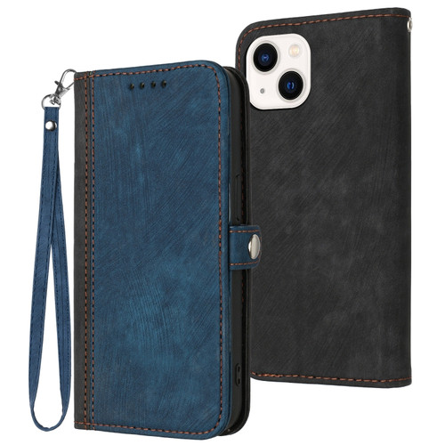 iPhone 14 Plus Side Buckle Double Fold Hand Strap Leather Phone Case - Royal Blue