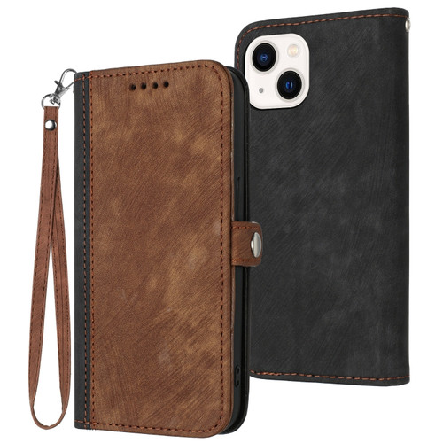 iPhone 14 Plus Side Buckle Double Fold Hand Strap Leather Phone Case - Brown