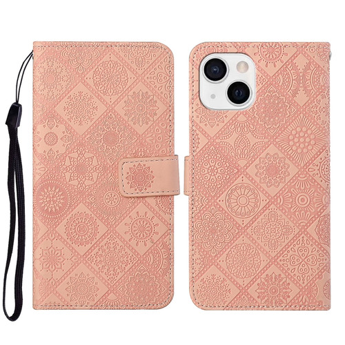 iPhone 14 Plus Ethnic Style Embossed Pattern Leather Phone Case  - Pink