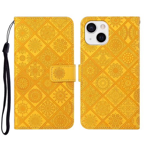 iPhone 14 Plus Ethnic Style Embossed Pattern Leather Phone Case  - Yellow