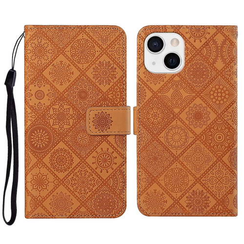 iPhone 14 Plus Ethnic Style Embossed Pattern Leather Phone Case  - Brown
