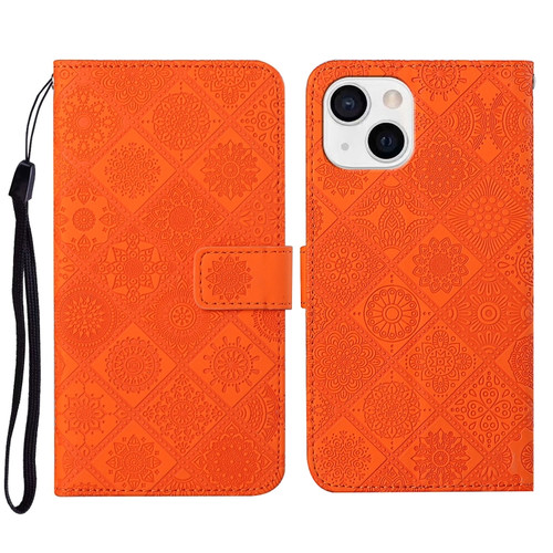 iPhone 14 Plus Ethnic Style Embossed Pattern Leather Phone Case  - Orange