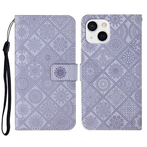 iPhone 14 Plus Ethnic Style Embossed Pattern Leather Phone Case  - Purple
