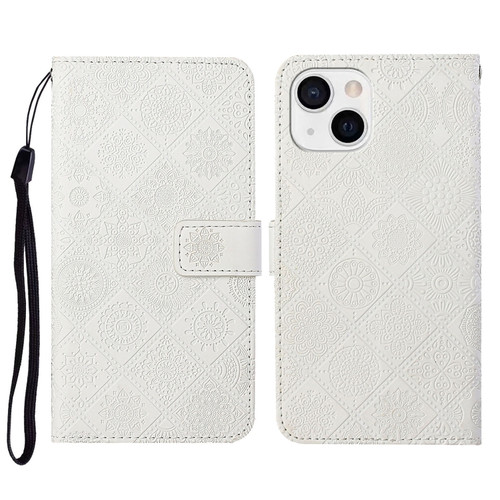 iPhone 14 Plus Ethnic Style Embossed Pattern Leather Phone Case  - White