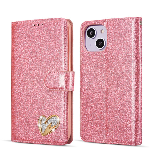 iPhone 14 Plus Glitter Powder Love Leather Phone Case - Rose Red