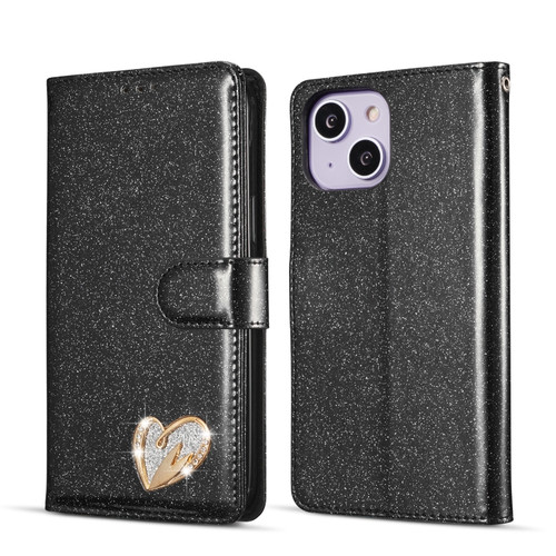 iPhone 14 Plus Glitter Powder Love Leather Phone Case - Black