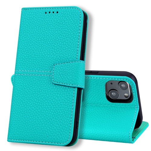 iPhone 14 Plus Litchi RFID Leather Phone Case  - Malachite Blue