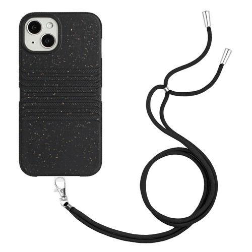 iPhone 14 Plus Wheat Straw Material Degradable TPU Phone Case with Lanyard - Black