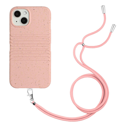 iPhone 14 Plus Wheat Straw Material Degradable TPU Phone Case with Lanyard - Pink