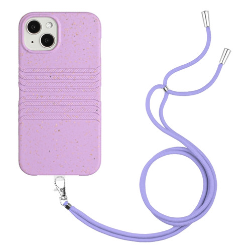 iPhone 14 Plus Wheat Straw Material Degradable TPU Phone Case with Lanyard - Purple