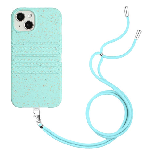 iPhone 14 Plus Wheat Straw Material Degradable TPU Phone Case with Lanyard - Light Green