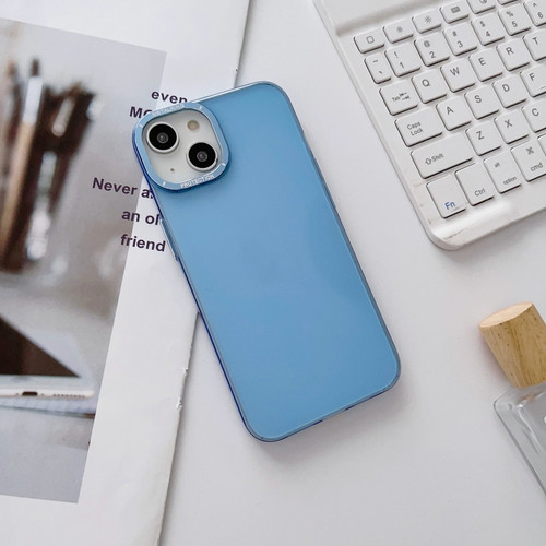 iPhone 14 Plus Glossy Metal Lens Frame PC Phone Case - Blue