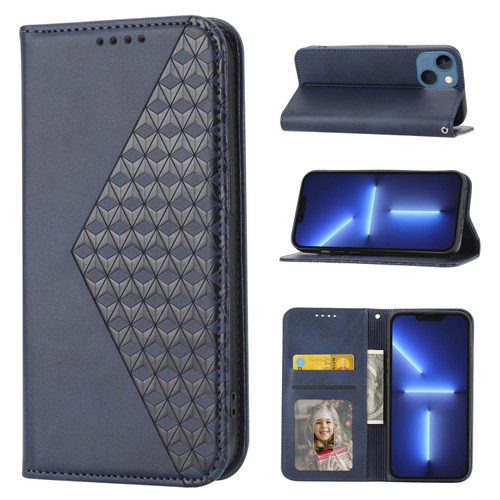 iPhone 14 Plus Cubic Grid Calf Texture Magnetic Closure Leather Phone Case - Blue