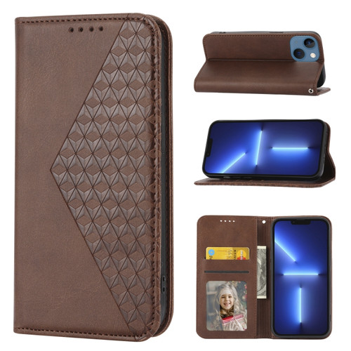 iPhone 14 Plus Cubic Grid Calf Texture Magnetic Closure Leather Phone Case - Brown