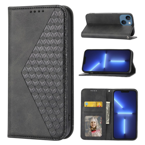 iPhone 14 Plus Cubic Grid Calf Texture Magnetic Closure Leather Phone Case - Black