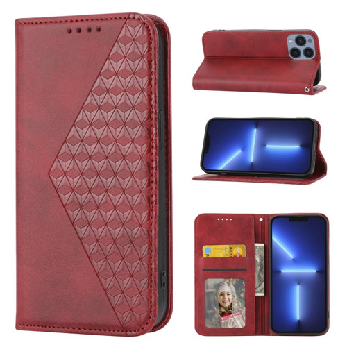 iPhone 14 Plus Cubic Grid Calf Texture Magnetic Closure Leather Phone Case - Red