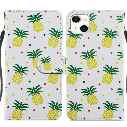 iPhone 14 Plus Painted Pattern Leather Phone Case  - Pineapple