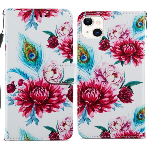 iPhone 14 Plus Painted Pattern Leather Phone Case  - Peacock Flower