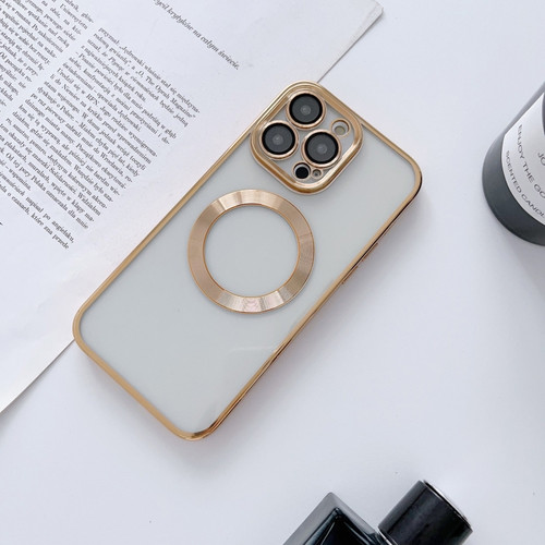 iPhone 14 Plus MagSafe Electroplated Magnetic TPU Phone Case with Dust Filter & Lens Film - Gold
