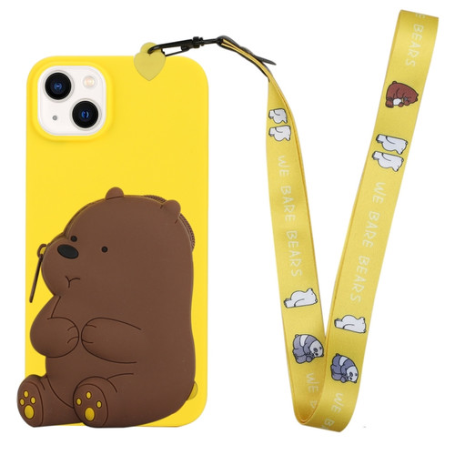 iPhone 14 Plus Silicone Wallet Phone Case with Lanyard - Yellow Bear