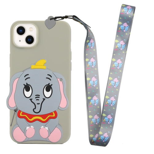 iPhone 14 Plus Silicone Wallet Phone Case with Lanyard - Grey Elephants