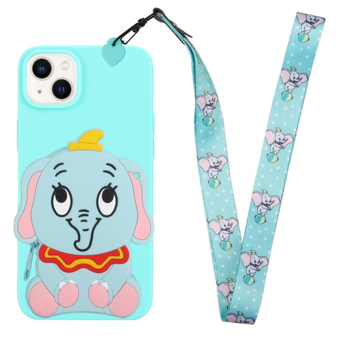 iPhone 14 Plus Silicone Wallet Phone Case with Lanyard - Light Blue Elephants