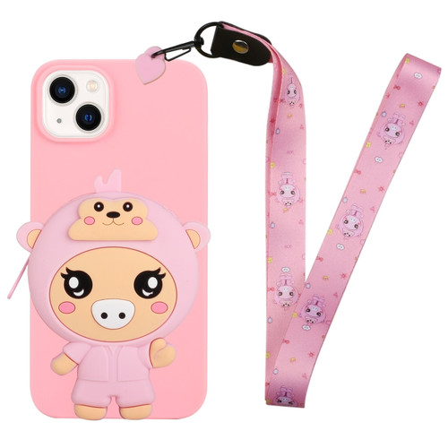 iPhone 14 Plus Silicone Wallet Phone Case with Lanyard - Deep Pink Pig