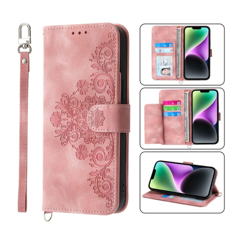 iPhone 14 Plus Skin-feel Flowers Embossed Wallet Leather Phone Case - Pink