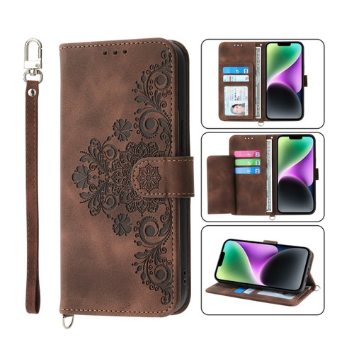 iPhone 14 Plus Skin-feel Flowers Embossed Wallet Leather Phone Case - Brown