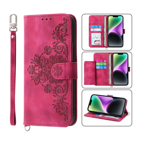 iPhone 14 Plus Skin-feel Flowers Embossed Wallet Leather Phone Case - Wine Red