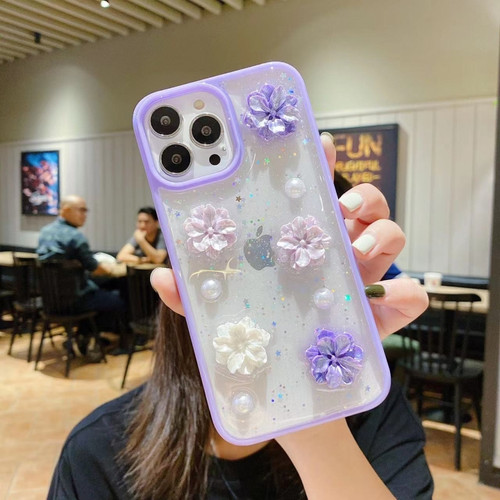 iPhone 14 Plus 3D Bow Flowers Glitter Epoxy TPU Phone Case - Purple