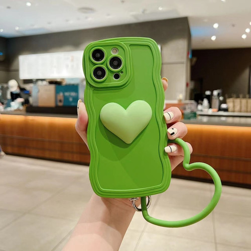 iPhone 14 Plus 3D Heart Skin-Feel Silicone Phone Case with Wristband - Green