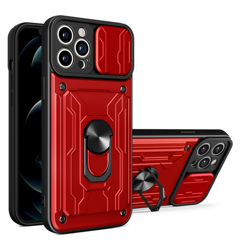 iPhone 14 Plus Sliding Camshield TPU+PC Phone Case with Card Slot  - Red