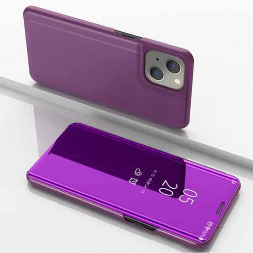 iPhone 14 Plus Plated Mirror Horizontal Flip Leather Phone Case with Holder  - Purple