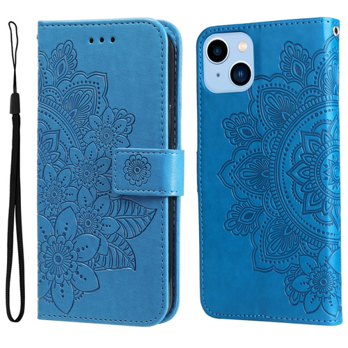 iPhone 14 Plus 7-petal Flowers Embossing Leather Case  - Blue