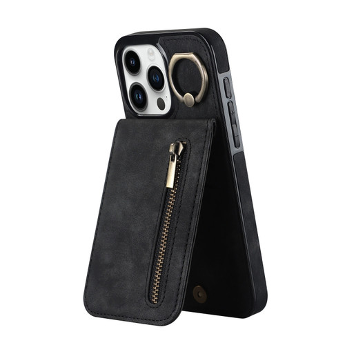 iPhone 15 Pro Max Retro Ring and Zipper RFID Card Slot Phone Case - Black