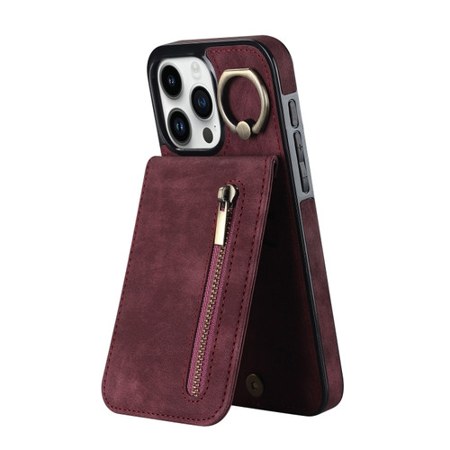 iPhone 15 Pro Max Retro Ring and Zipper RFID Card Slot Phone Case - Wine Red