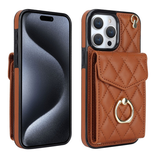 iPhone 15 Pro Max Rhombic Texture Card Bag Phone Case with Long Lanyard - Brown