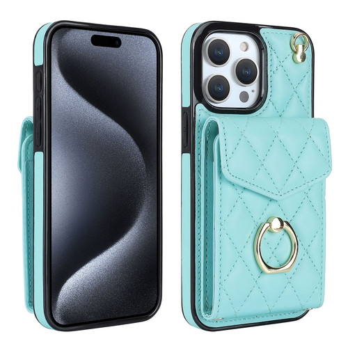 iPhone 15 Pro Max Rhombic Texture Card Bag Phone Case with Long Lanyard - Mint Green