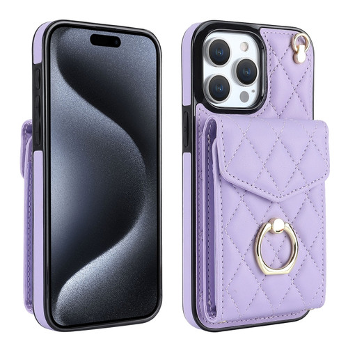 iPhone 15 Pro Max Rhombic Texture Card Bag Phone Case with Long Lanyard - Light Purple