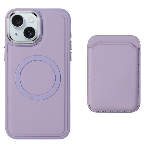 iPhone 15 Pro Max Imitation Liquid Skin Feel Plating Magsafe Card Bag Phone Case - Purple