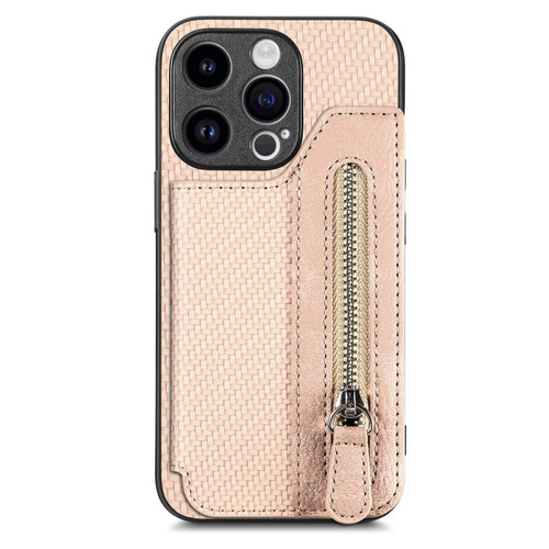iPhone 15 Pro Max Carbon Fiber Horizontal Flip Zipper Wallet Phone Case - Khaki