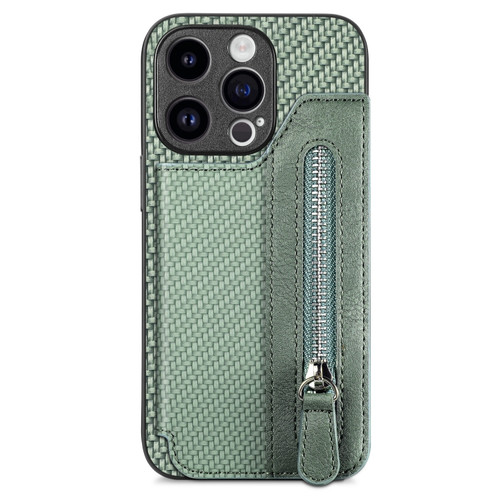 iPhone 15 Pro Max Carbon Fiber Horizontal Flip Zipper Wallet Phone Case - Green