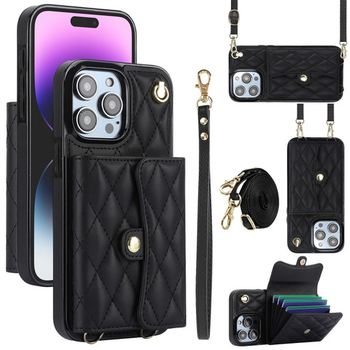 iPhone 15 Pro Max Crossbody Rhombic Horizontal Wallet Leather Phone Case - Black