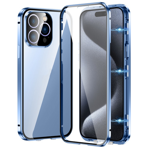 iPhone 15 Pro Max Magnetic Double-buckle HD Tempered Glass Phone Case - Blue