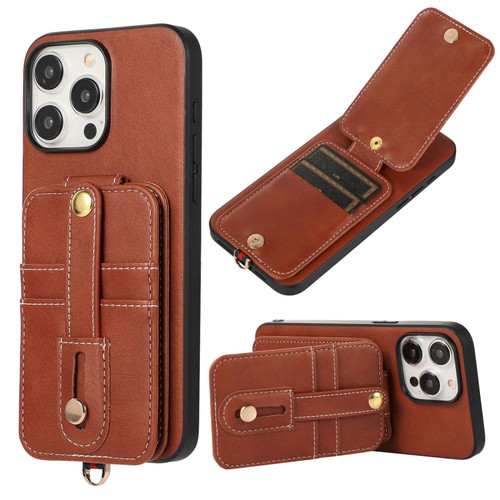 iPhone 15 Pro Max 02 RFID Card Bag Cowhide Texture PU Phone Case - Brown