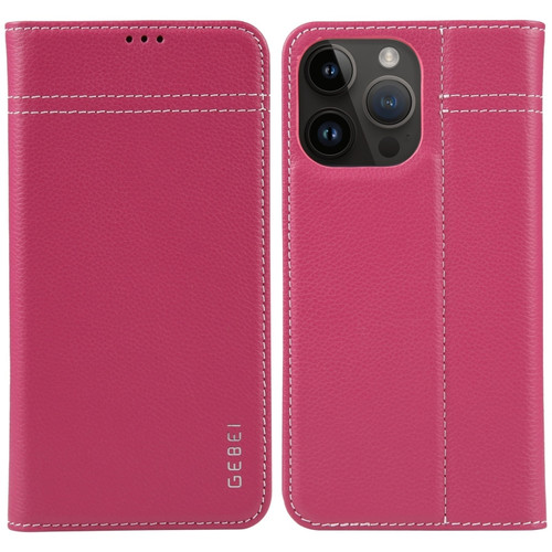 iPhone 15 Pro Max GEBEI Top-grain Horizontal Flip Leather Phone Case - Rose Red