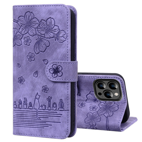 iPhone 15 Pro Max Cartoon Sakura Cat Embossed Leather Phone Case - Purple